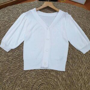 White Puff Sleeve V-Neck Cropped Knit Button Top